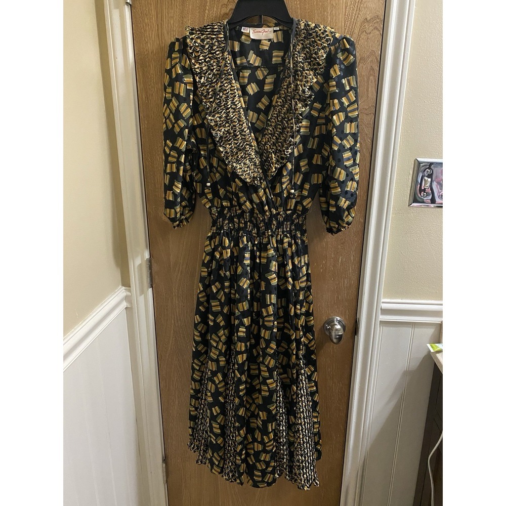 Vintage Susan Freis Geometric Maxi Dress Ruffle Neck Empire Waist 3/4 Sleeves M